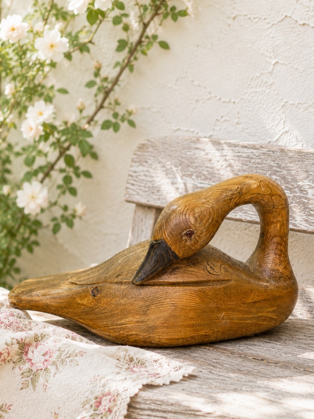 🪿 VTG 87 Large Sz Hand Carved Wood Goose Folk Art Sculpture Rustic Chalet Cabin